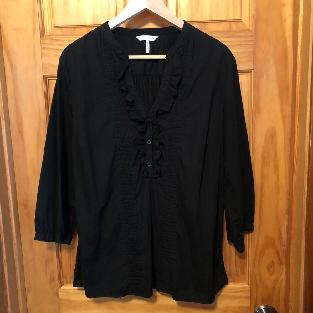 Womens Old Navy Black 100% Cotton Ruffle Pintuck 3/4 Sleeve Top Shirt Blouse XL